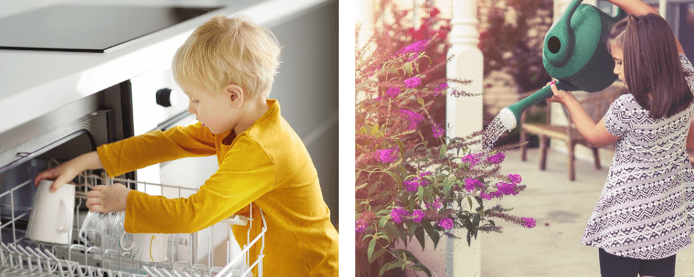 Chores for Kids: Should They Help Around the House? Boy unpacking dishwasher and girl watering plants