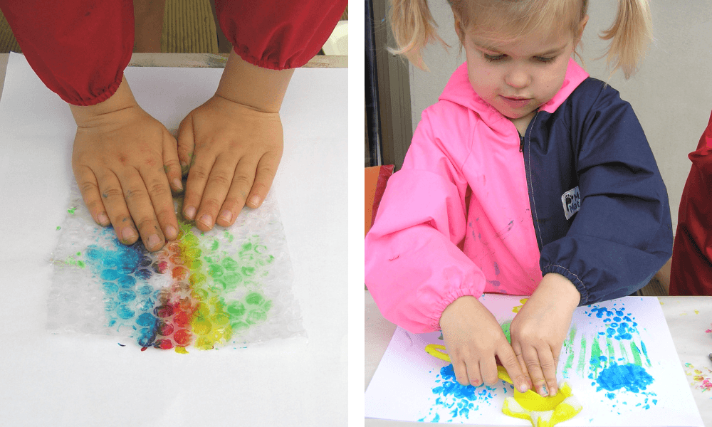 Children wearing Mud Mates NZ-made Coveralls enjoying process art activites