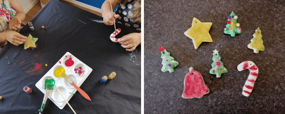 Kids decorating their salt dough Christmas ornaments