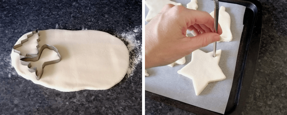 Use Christmas themed cookie cutters to cut out shapes from the dough to make salt dough Christmas ornaments