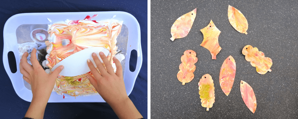 Creating shaving cream marbled leaves - autumn crafts for kids