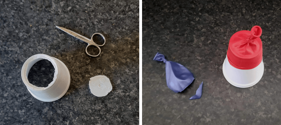 Paper cup with the base cut out, a balloon with the tip cut off then stretched over the cup to make a pom pom shooter
