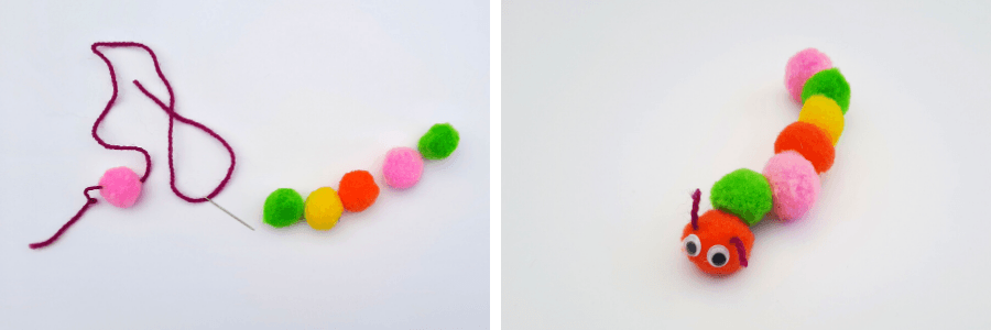 Threaded pom pom caterpillars - cute caterpillar crafts for kids