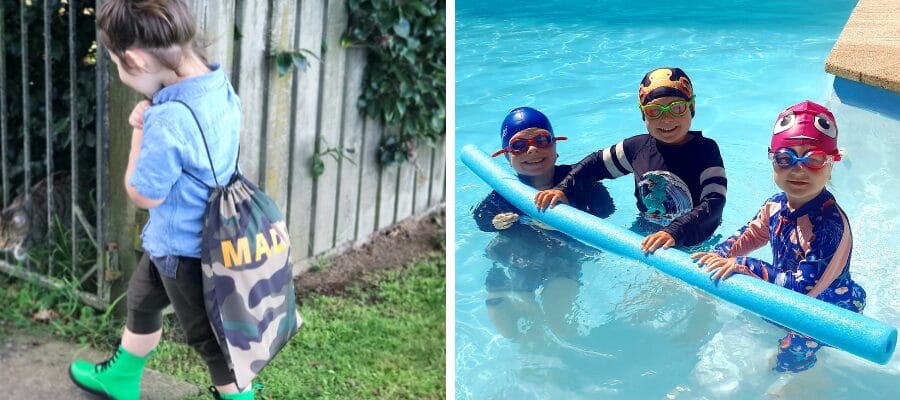 child walking through gate with a Mud Mates personalised swim bac on his back, and 3 young children in a pool wearing Mud Mates swimming goggles and caps. 
