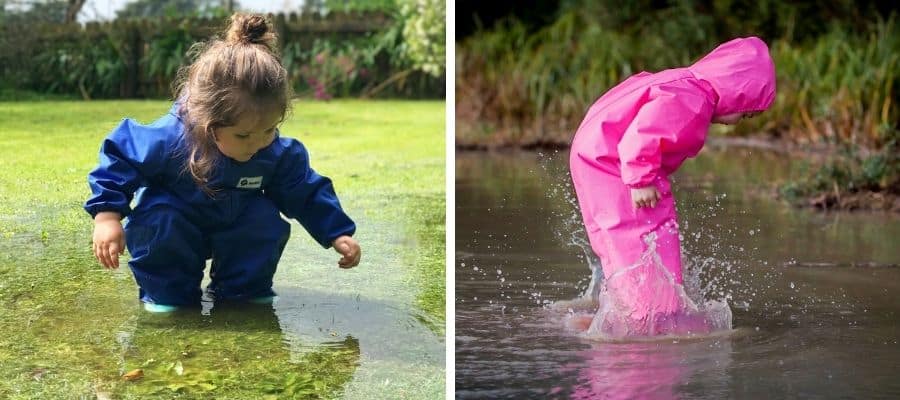 2 images for children wearing Mud Mates NZ-made waterproof overalls playing in puddles and looking at their reflection