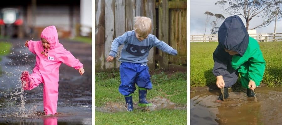 3 photos of children wearing Mud Mates rainwear while they are playing in puddles