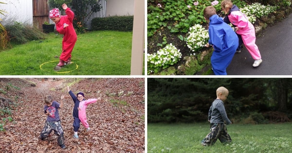 Collage of pictures of young children enjoying play outside wearing Mud Mates NZ-made waterproof clothing