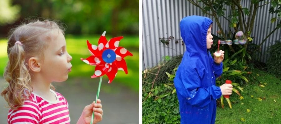Young girl blowing a pinwheel and a child blowing bubbles: mindfulness activities