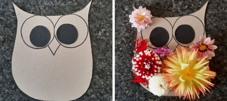 Flower Animals - Mother's Day Crafts - cardboard owl template covered with flowers