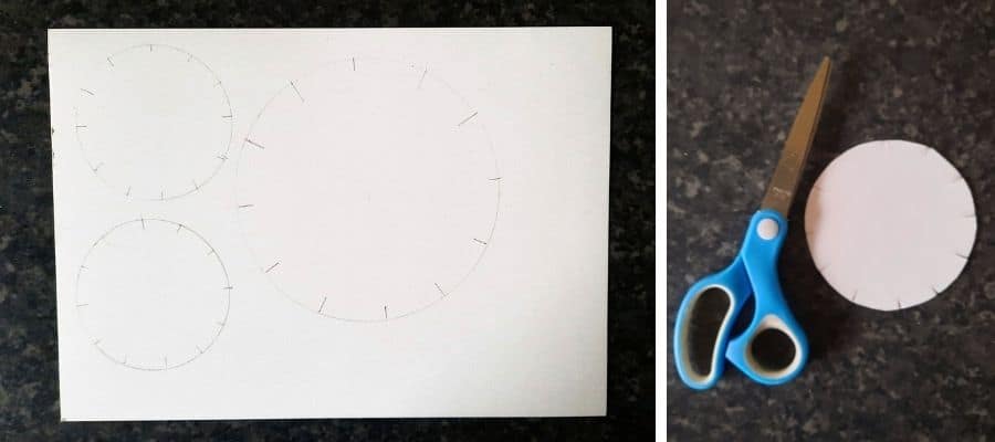 Cardboard with circles drawn on and a cardboard circle with scissors ready to weave Matariki stars