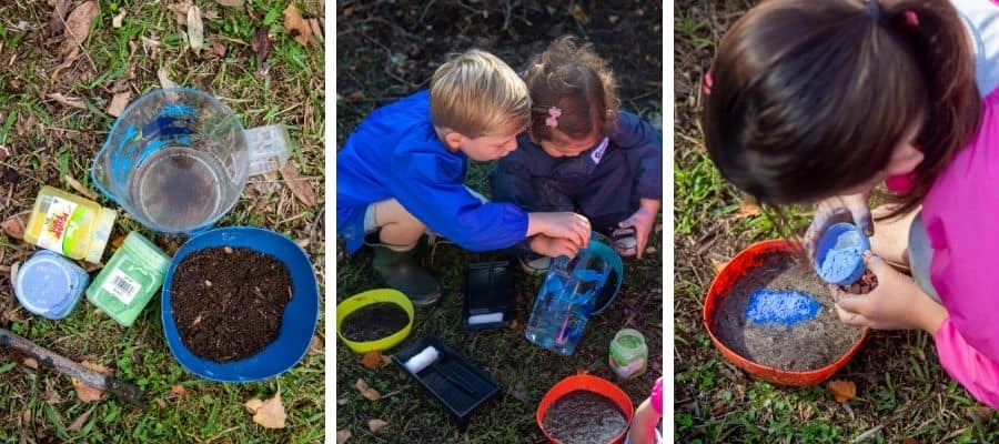 Kids making mud from dirt and water ready for mud painting fun