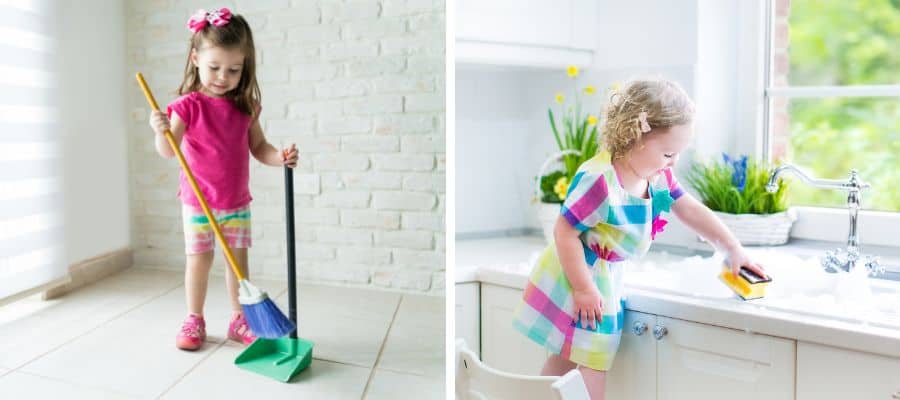Toddler sweeping the floor and young girl wiping the bench: activities for toddlers in the kitchen 