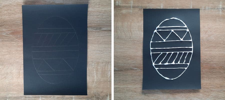 The drawing and gluing process of creating chalk pastel Easter egg art