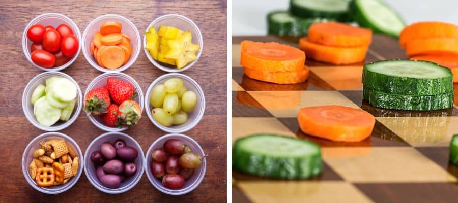Food play ideas for kids: food sorted by colour and playing noughts and crosses with vegetable slices