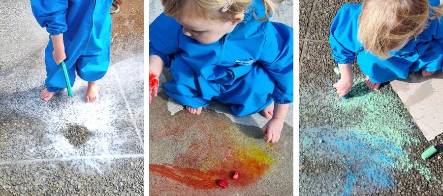 Puddle Art ideas for kids: young child using hose and vinegar and baking soda to create fizzy puddles; toddler drawing in a puddle with colour chalk
