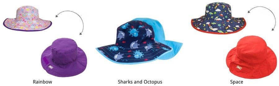 Reversible Baby and Kids Sun Hats Range: Rainbow, Sharks and Octopus and Space designs