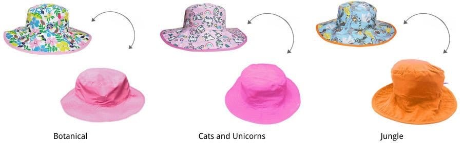 Reversible Baby and Kids Sun Hats Range: Botanical, Cats and Unicorns and Jungle designs