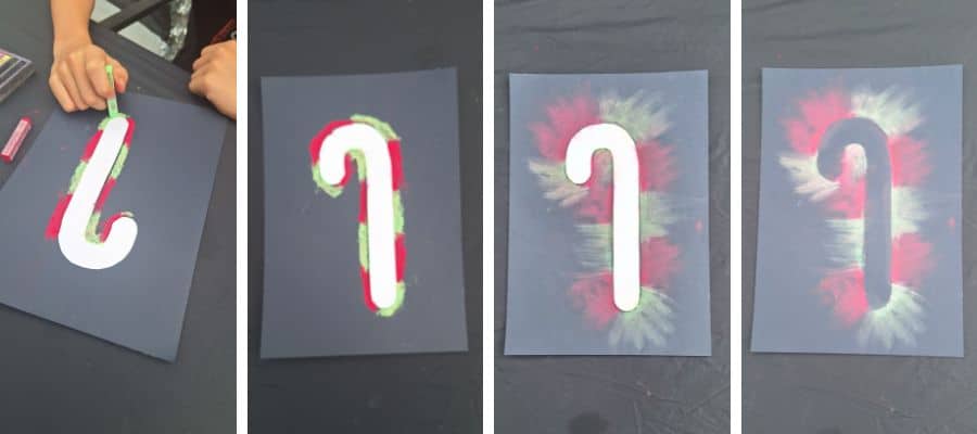 The process of creating Christmas chalk pastel art using a candy cane design