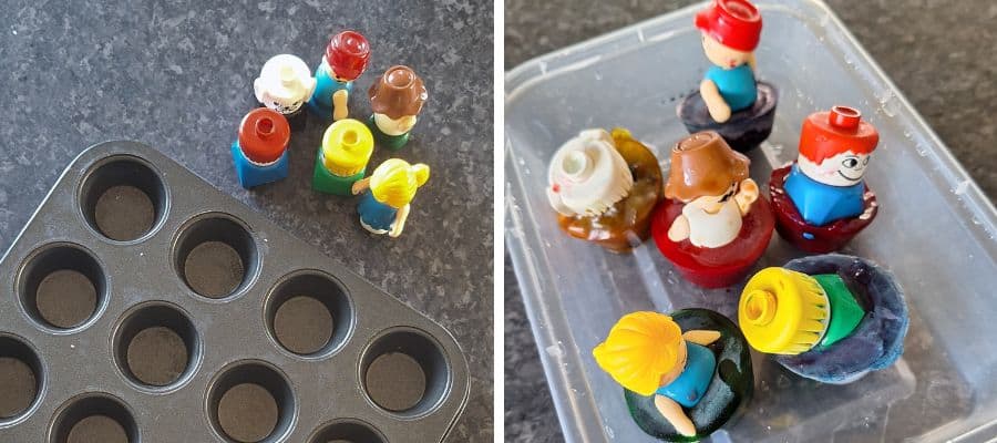 A mini muffin tin and Duplo figurines are used to make the frozen ice paints used for ice painting