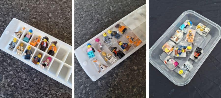 LEGO figurines being frozen in an ice cube tray, ready for the LEGO ice rescue activity for kids