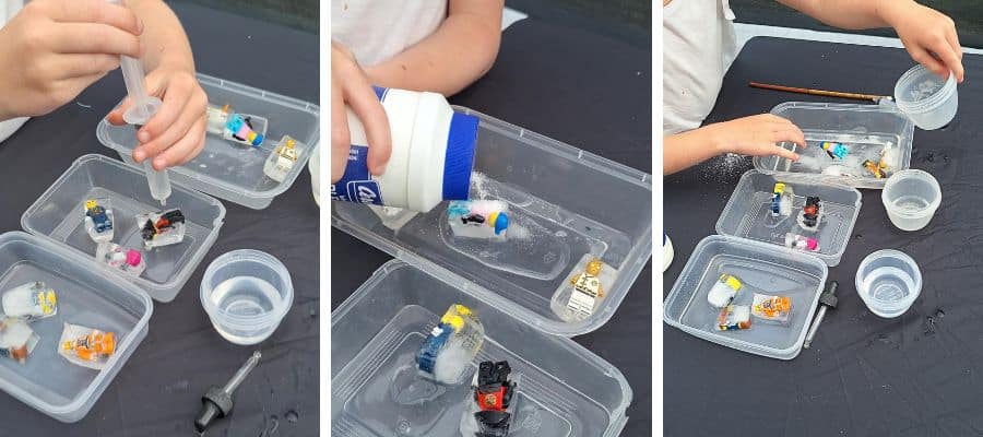 A child trying different techniques to melt the ice and release the frozen LEGO figurines, in this LEGO ice rescue science and sensory play activity for kids