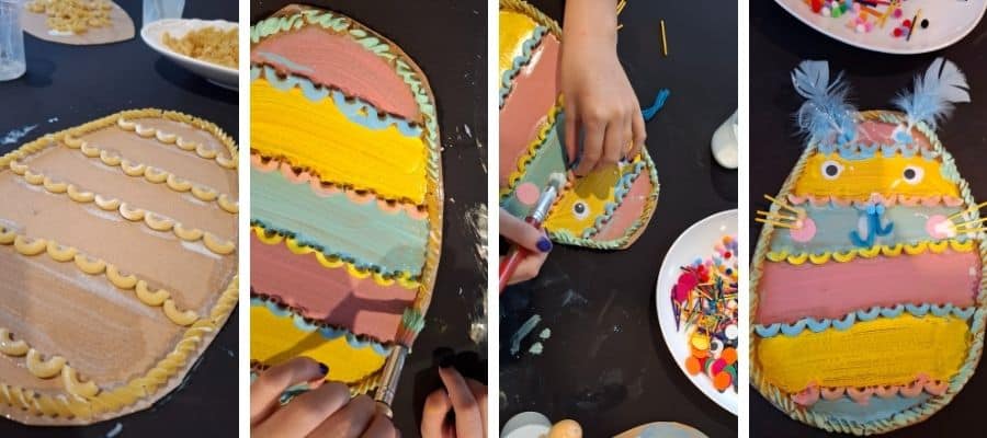 The process of a child making pasta Egg decorations. From gluing and painting the pasta, to adding decorative flourishes.