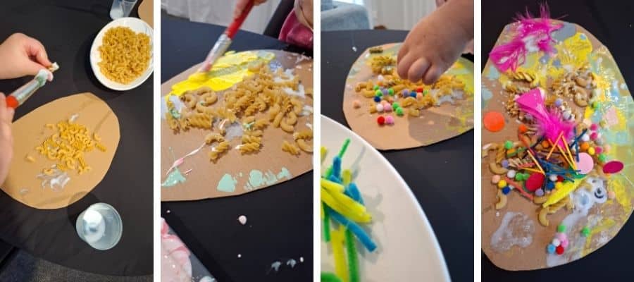 The process of a child making pasta Egg decorations. From gluing and painting the pasta, to adding decorative flourishes.